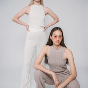 Two women wearing matching neutral co-ord sets - Ink Fervor women's set